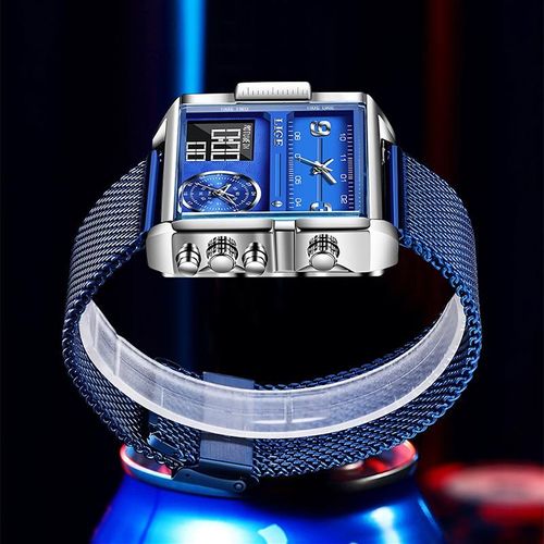LIGE Men's Square Watch Multifunctional Dial 30M Water Resistant Luminous Outdoor Watch Ideal for Father's Day Gift