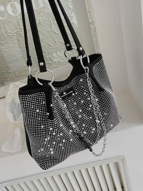 Elegant Shoulder Bag for Work & Back To School, Fashionable Chain Strap Design Large Capacity Shoulder Bag for Party, Dating, Casual Trendy Commuting Bag, Ladies Purse Tote Bag for Women, Studded Bag, Crossbody Chain Bag