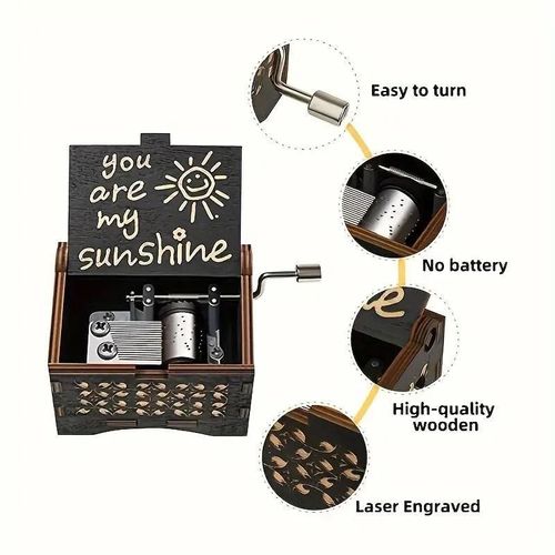 'You Are My Sunshine' Letter Pattern Music Box - Hand Crank Wooden Laser-Engraved Vintage Music Box - Ideal Gift for Birthdays, Anniversaries & Weddings