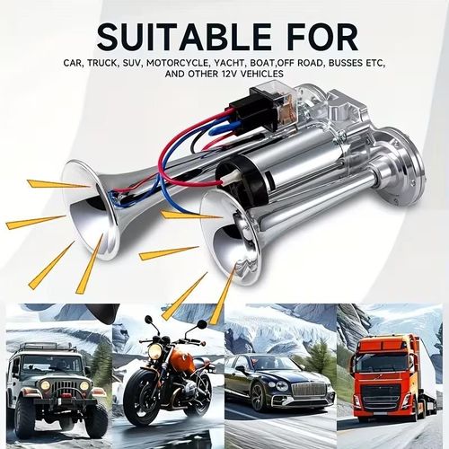 2026 Upgraded 12V 130DB Air Horn Dual Horn, Horn Kit with Air Compressor,Dual Electric Air Horns Kit with Compressor for Vehicles Trucks Pickup Trains Lorrys SUVs Cars Boats (12V SilverBlack) Alarm for Home Security,