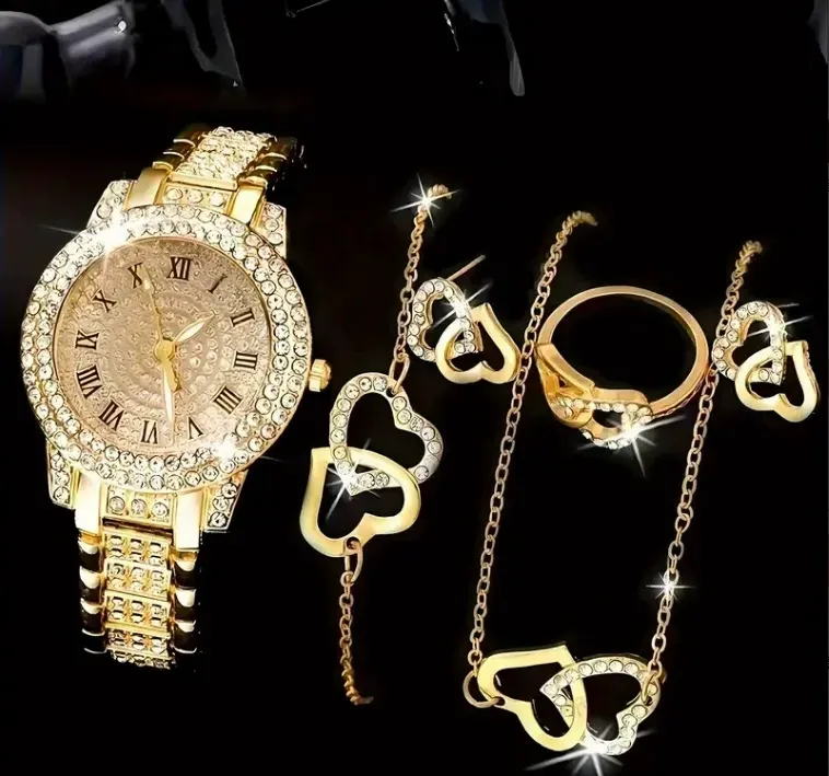 Women's Elegant Fashion Watch & Jewelry Set, Round Dial Analog Quartz Watch & Bracelet & Necklace & Ring & Earrings, Exquisite Watch Set with Box, Fashionable Jewelry Set