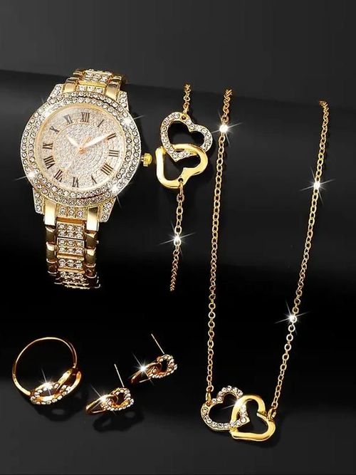 Women's Elegant Fashion Watch & Jewelry Set, Round Dial Analog Quartz Watch & Bracelet & Necklace & Ring & Earrings, Exquisite Watch Set with Box, Fashionable Jewelry Set