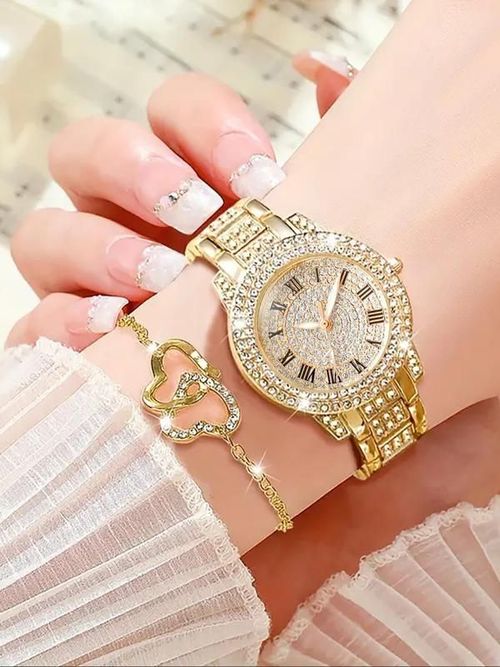 Women's Elegant Fashion Watch & Jewelry Set, Round Dial Analog Quartz Watch & Bracelet & Necklace & Ring & Earrings, Exquisite Watch Set with Box, Fashionable Jewelry Set