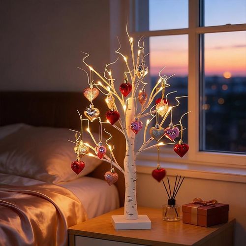 Valentine's Day Decorations Heart-Shaped Birch Lamp DIY Design Table Lighting Heart-Shaped Pendant Light Perfect for Bedside Lamps in Bedrooms Romantic Living Room Atmosphere Decor Ideal for Birthday, Engagement, and Wedding Decorations