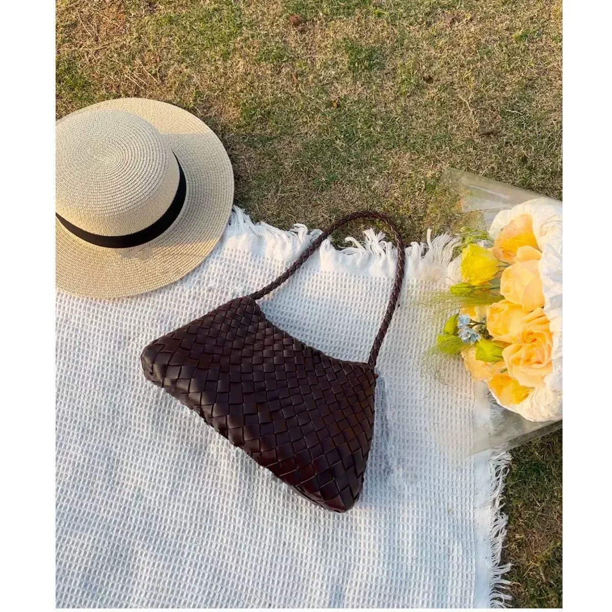 Handmade Composite Leather Crossbody Shoulder Bag, Luxury Casual Single Strap Handbag, French Vacation Style Two-In-One Purse