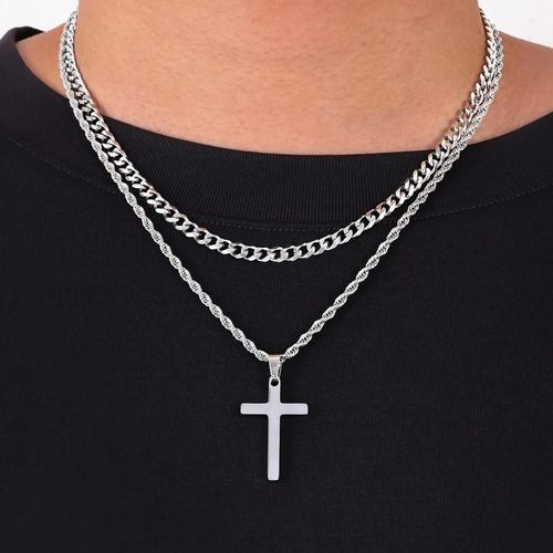 Cross Necklace for Men, Layered Mens Cross Necklaces Stainless Steel Cross Pendant Cuban Link Rope Chain