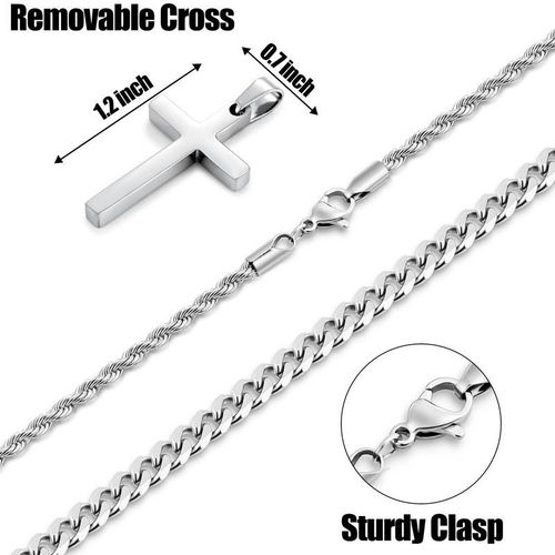 Cross Necklace for Men, Layered Mens Cross Necklaces Stainless Steel Cross Pendant Cuban Link Rope Chain