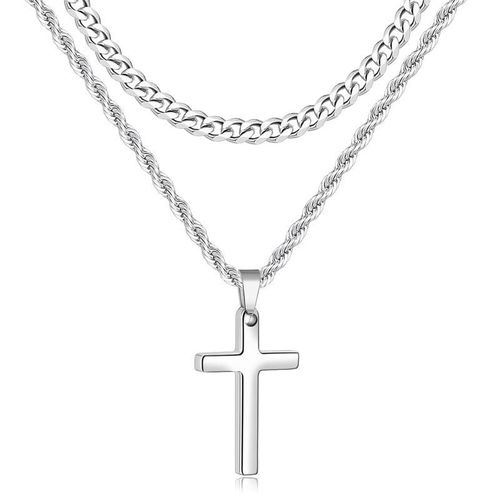Cross Necklace for Men, Layered Mens Cross Necklaces Stainless Steel Cross Pendant Cuban Link Rope Chain