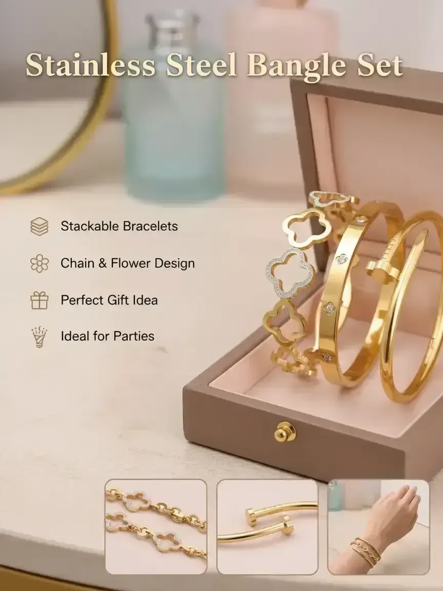 Women's Stainless Steel Bangle Bracelet Set, Chain & Flower Design Jewelry, Perfect Gift for Mom, Mother's Day, Birthday, Party Wear