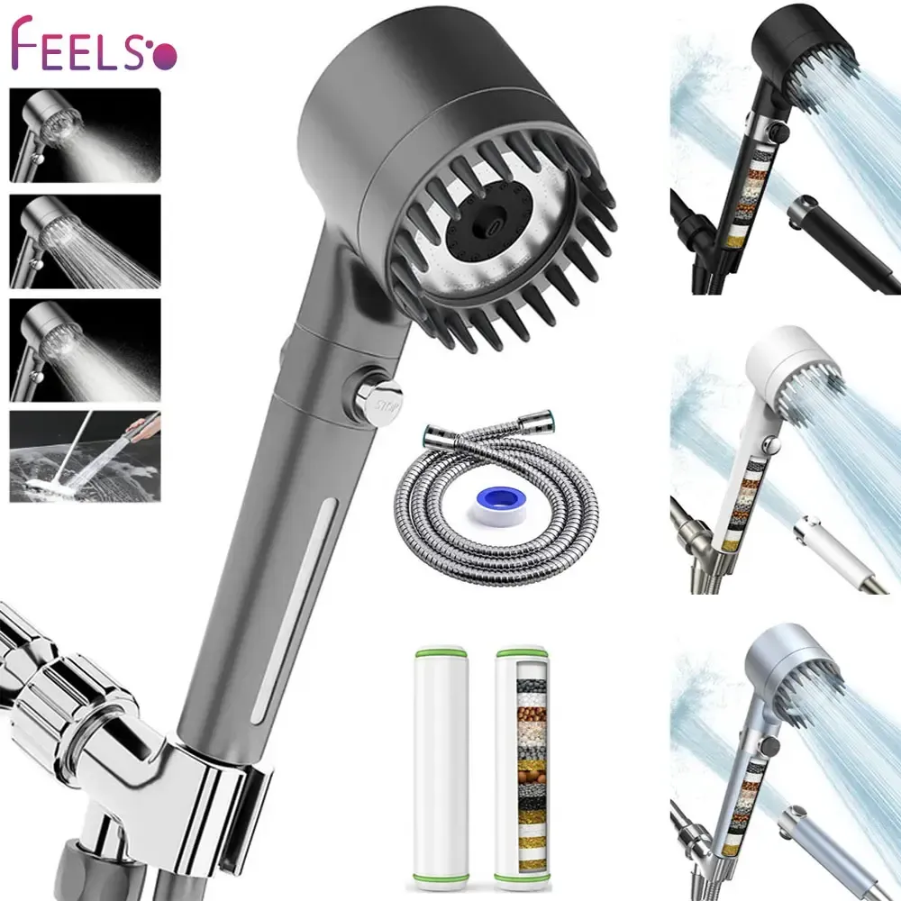 Handheld Filter Shower Head High-Pressure Power Wash - 4-Setting Massage Spray, 60 Hose, Chrome Finish, Easy Install, Low Flow, One-Touch Water Stop, Adjustable Pressure, Micro-Technology Nozzles