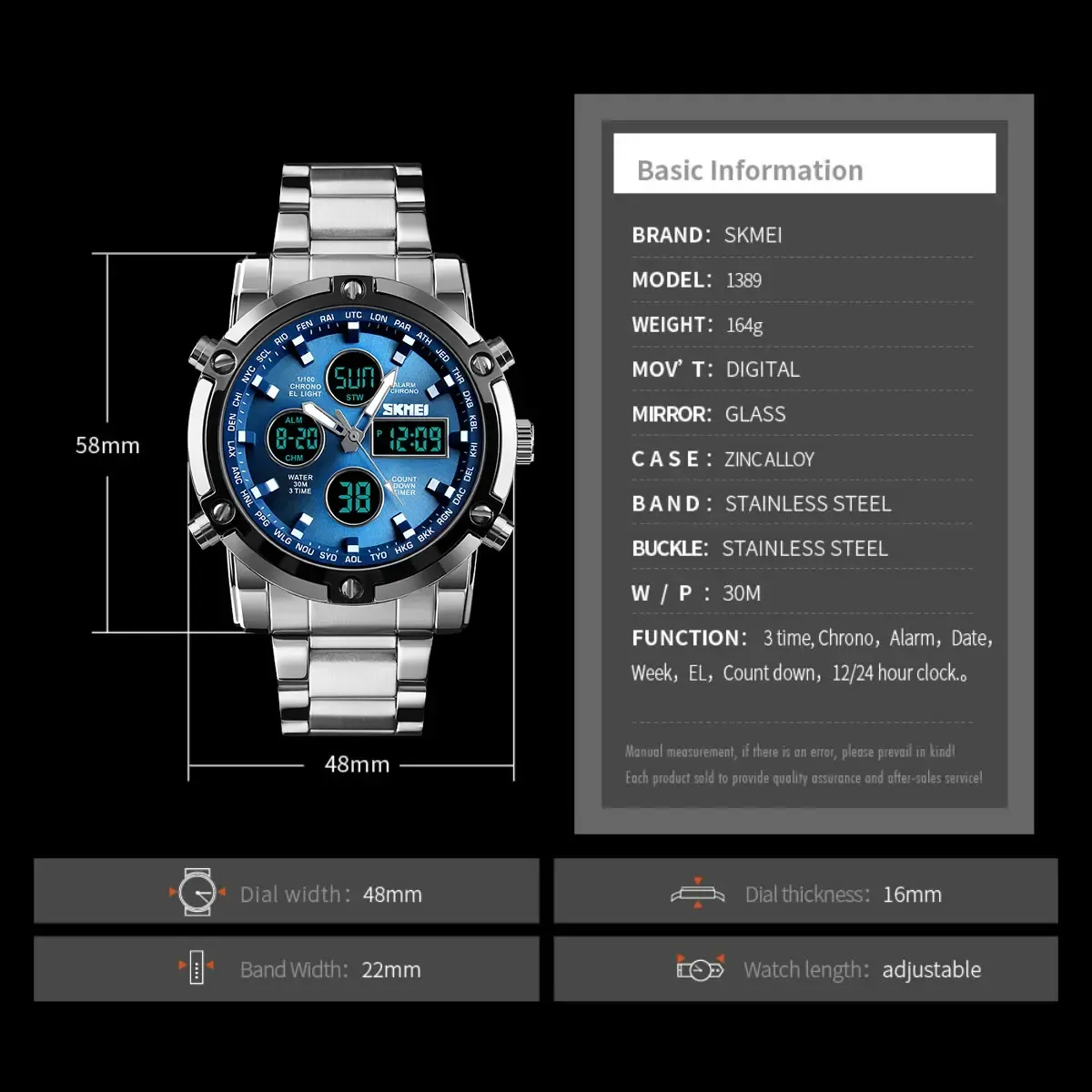Fashion Multi functional Sports Men's Watch, 48Mm Metal Case with 3 Time Zone Night Light 30M Waterproof Stainless Steel Strap, Dual Time Display, Timer, Calendar, Alarm Clock Function Watch