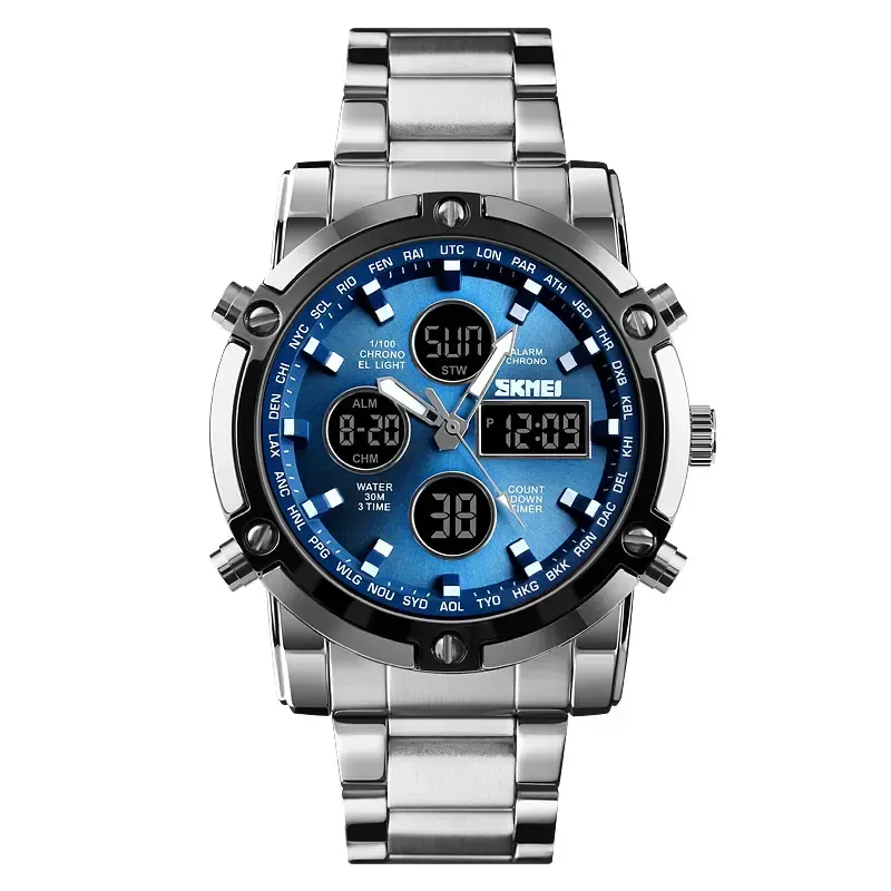 Fashion Multi functional Sports Men's Watch, 48Mm Metal Case with 3 Time Zone Night Light 30M Waterproof Stainless Steel Strap, Dual Time Display, Timer, Calendar, Alarm Clock Function Watch