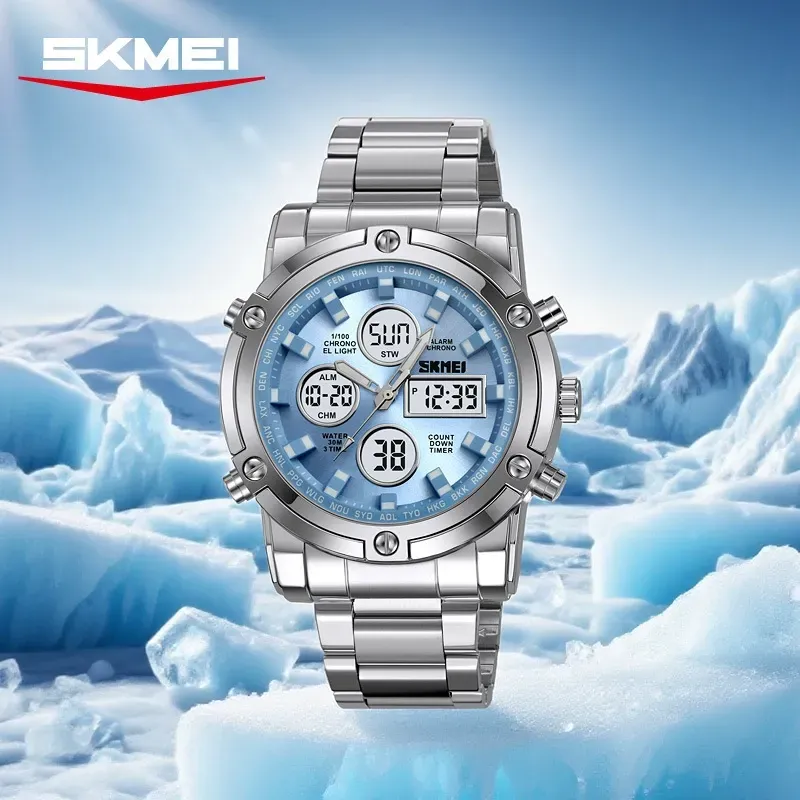 Fashion Multi functional Sports Men's Watch, 48Mm Metal Case with 3 Time Zone Night Light 30M Waterproof Stainless Steel Strap, Dual Time Display, Timer, Calendar, Alarm Clock Function Watch