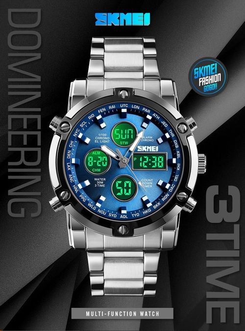Fashion Multi functional Sports Men's Watch, 48Mm Metal Case with 3 Time Zone Night Light 30M Waterproof Stainless Steel Strap, Dual Time Display, Timer, Calendar, Alarm Clock Function Watch