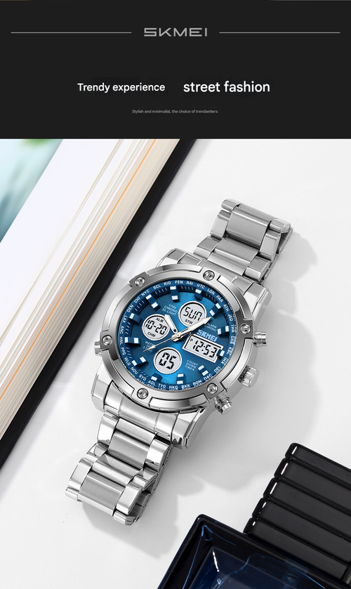 Fashion Multi functional Sports Men's Watch, 48Mm Metal Case with 3 Time Zone Night Light 30M Waterproof Stainless Steel Strap, Dual Time Display, Timer, Calendar, Alarm Clock Function Watch