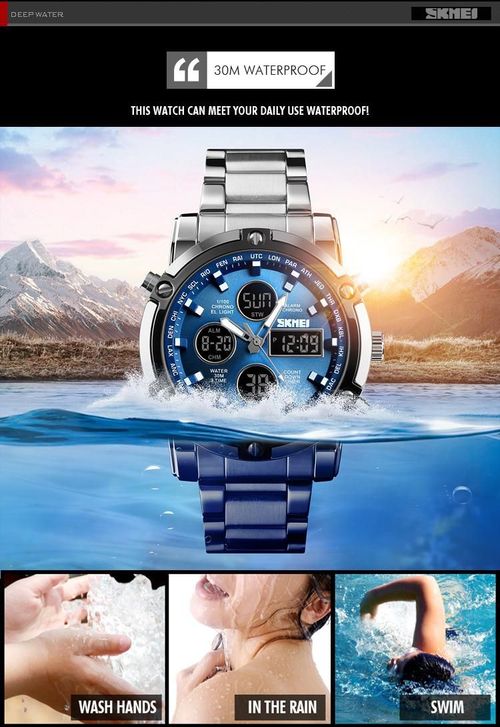 Fashion Multi functional Sports Men's Watch, 48Mm Metal Case with 3 Time Zone Night Light 30M Waterproof Stainless Steel Strap, Dual Time Display, Timer, Calendar, Alarm Clock Function Watch