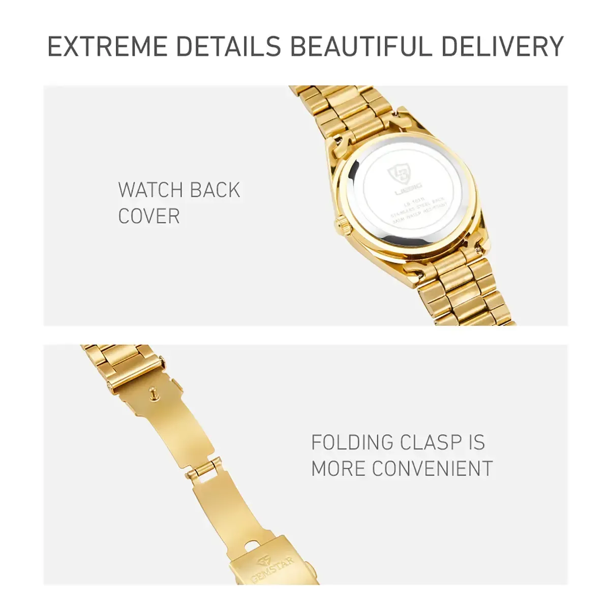 LIEBIG 25.5MmTimeless Gold-Tone Watch for Women Classic Dial Glam Stainless Steel Foldable Clasp 3ATM Waterproof Daily Commuting Sports Dating Quartz