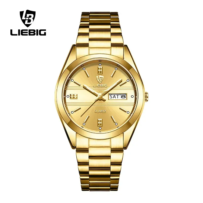 LIEBIG 25.5MmTimeless Gold-Tone Watch for Women Classic Dial Glam Stainless Steel Foldable Clasp 3ATM Waterproof Daily Commuting Sports Dating Quartz