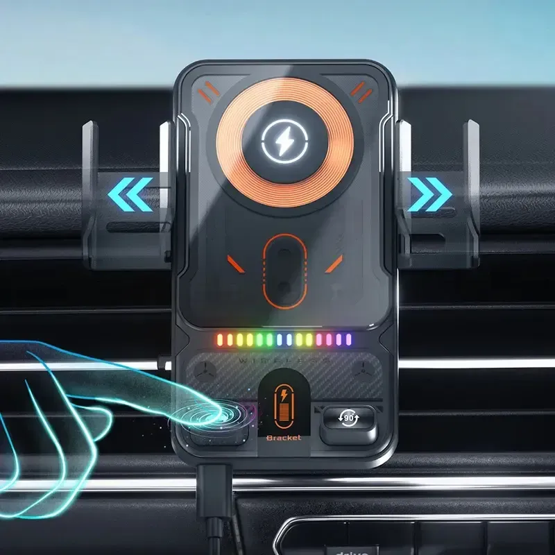 15W Wireless Charging Car Phone Holder Electric Induction Opening Closing Horizontal and Vertical Rotation Air Vent Mount Multifunctional for Apple and Android Phones Electronic Smartphone Charger