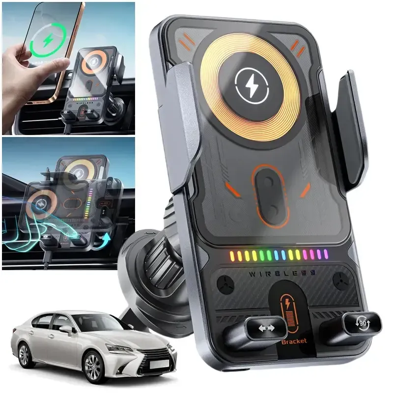 15W Wireless Charging Car Phone Holder Electric Induction Opening Closing Horizontal and Vertical Rotation Air Vent Mount Multifunctional for Apple and Android Phones Electronic Smartphone Charger