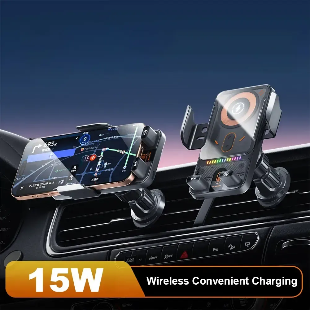 15W Wireless Charging Car Phone Holder Electric Induction Opening Closing Horizontal and Vertical Rotation Air Vent Mount Multifunctional for Apple and Android Phones Electronic Smartphone Charger