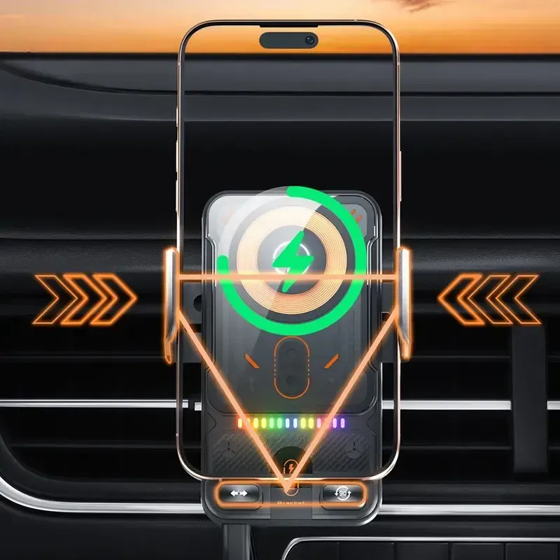 15W Wireless Charging Car Phone Holder Electric Induction Opening Closing Horizontal and Vertical Rotation Air Vent Mount Multifunctional for Apple and Android Phones Electronic Smartphone Charger