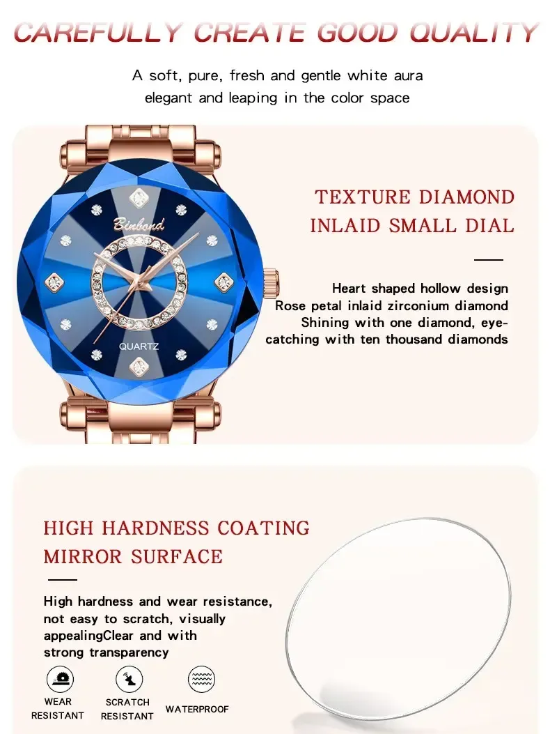 Women's Elegant Round Analog Quartz Watch Stylish Versatile Exquisite Waterproof Watch with Diamond Cut Glass