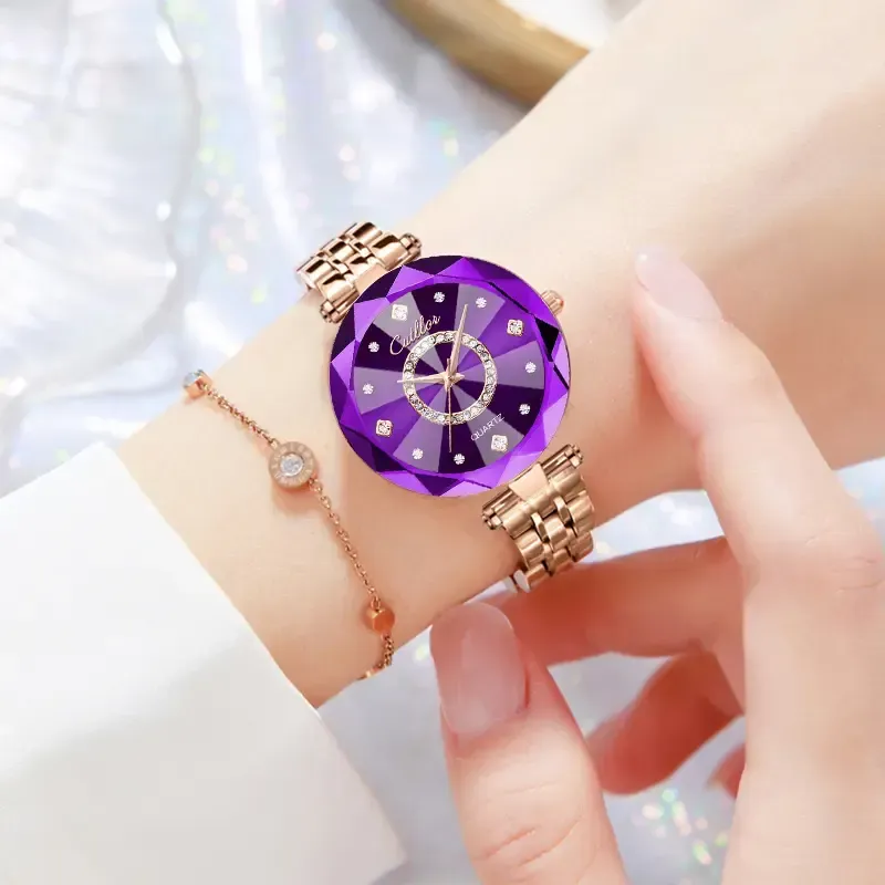 Women's Elegant Round Analog Quartz Watch Stylish Versatile Exquisite Waterproof Watch with Diamond Cut Glass
