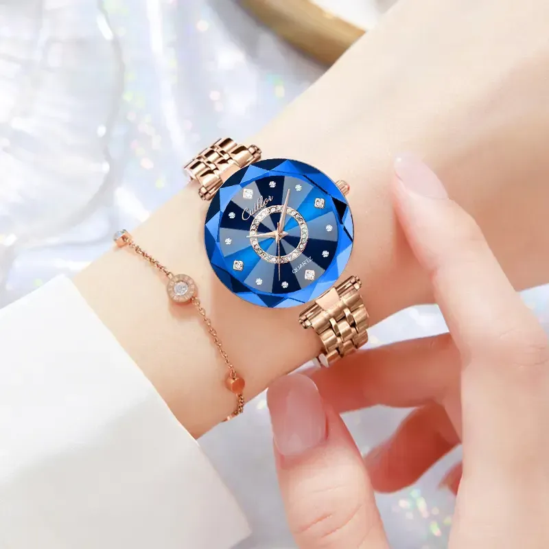 Women's Elegant Round Analog Quartz Watch Stylish Versatile Exquisite Waterproof Watch with Diamond Cut Glass