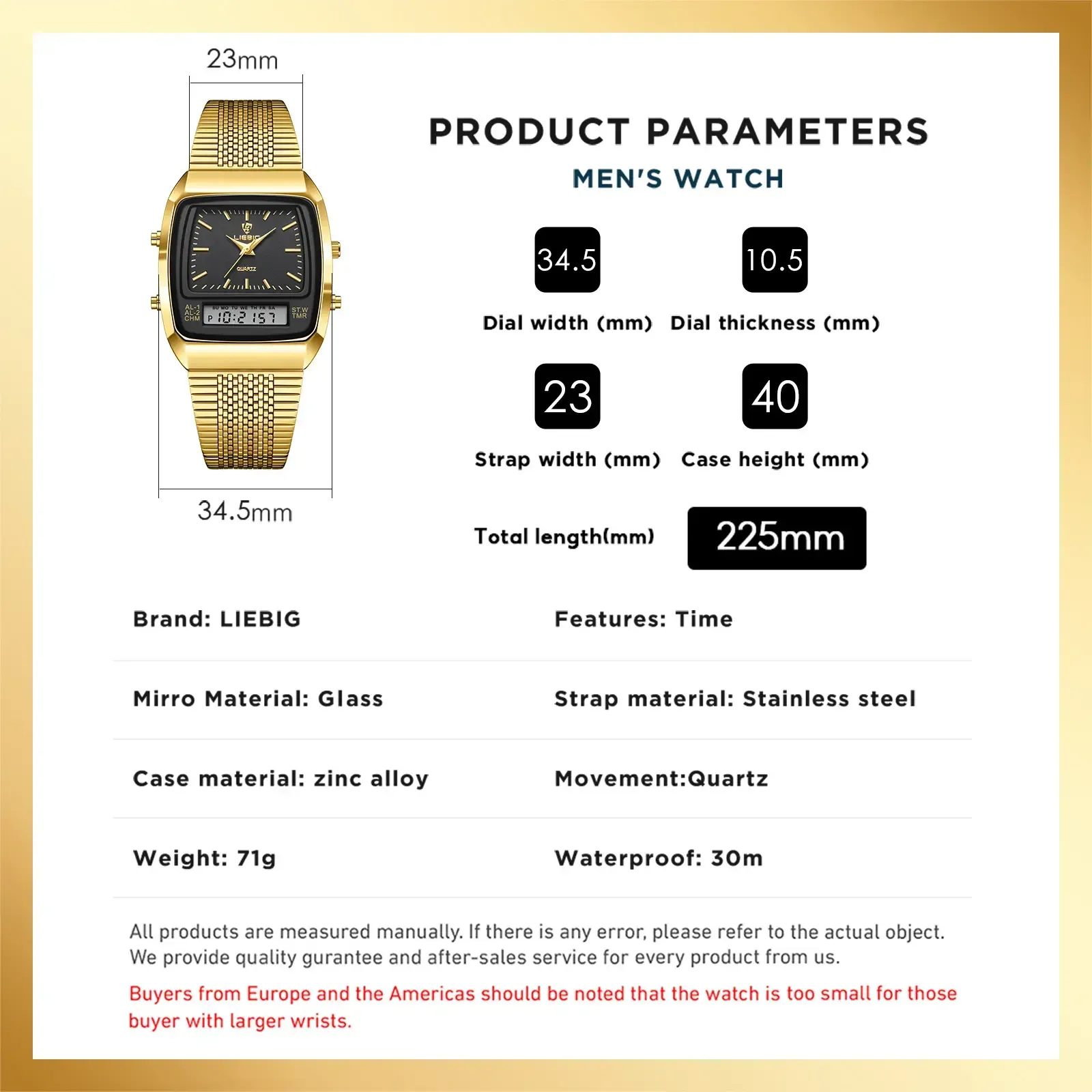 LIEBIG watches for men 34.5mm x 40mm x 10.5mm case 3ATM waterproof and scratch resistant mirror dual time zone fashionable gold watch multifunctional timing alarm clock digital sports watch