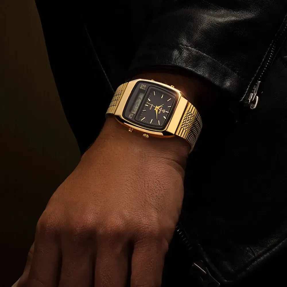 LIEBIG watches for men 34.5mm x 40mm x 10.5mm case 3ATM waterproof and scratch resistant mirror dual time zone fashionable gold watch multifunctional timing alarm clock digital sports watch