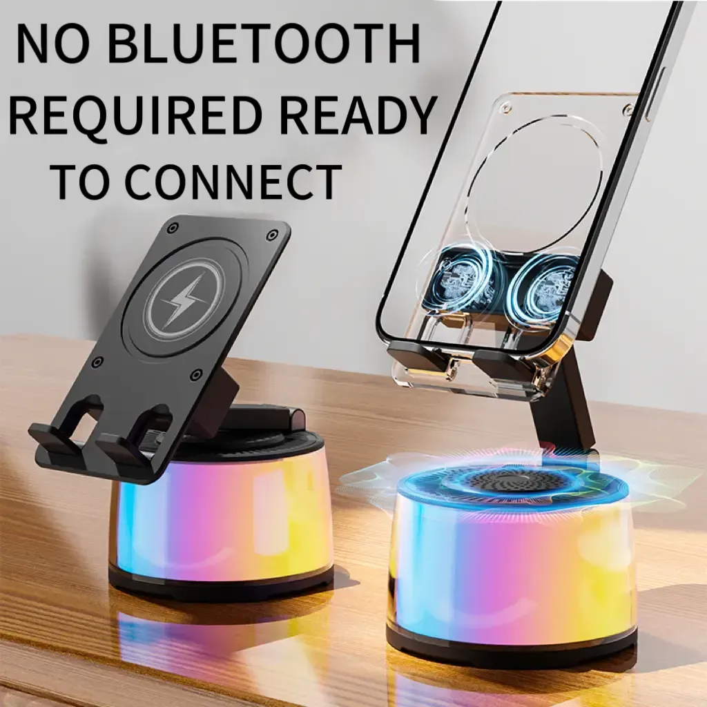 Wireless Induction Audio Bluetooth Speaker 5in1 Cellphone Holder USB Emergency Rechargeable (5000mAh) Portable Power Mobile Tablet Stand with Colorful Ambient Light Gifts for Friend, Family