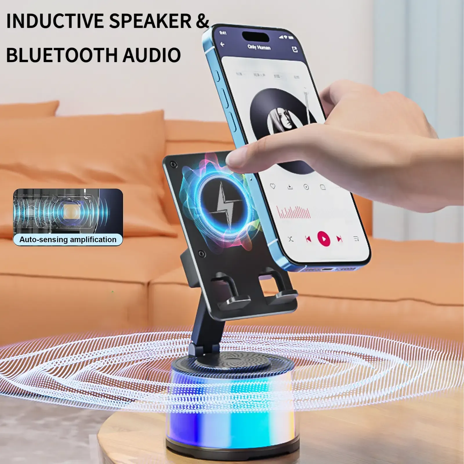 Wireless Induction Audio Bluetooth Speaker 5in1 Cellphone Holder USB Emergency Rechargeable (5000mAh) Portable Power Mobile Tablet Stand with Colorful Ambient Light Gifts for Friend, Family