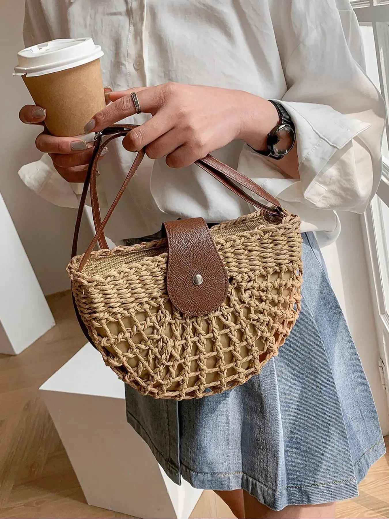 Women's Boho Semicircular Shape Hollow out Straw Bag, Trendy Elegant Crossbody Bag, Chic Summer 2026Crossbody Bag for Summer Beach Outfits