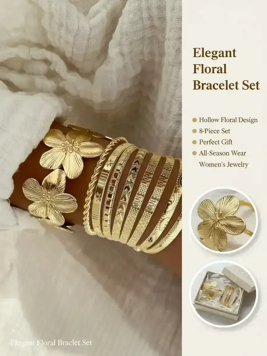 8 Pieces Hollow Floral and Bangle, Trendy Stack Bangle, Flower Design Bracelet, Bangle Bracelet Set, Elegant Women's Jewelry for All Seasons
