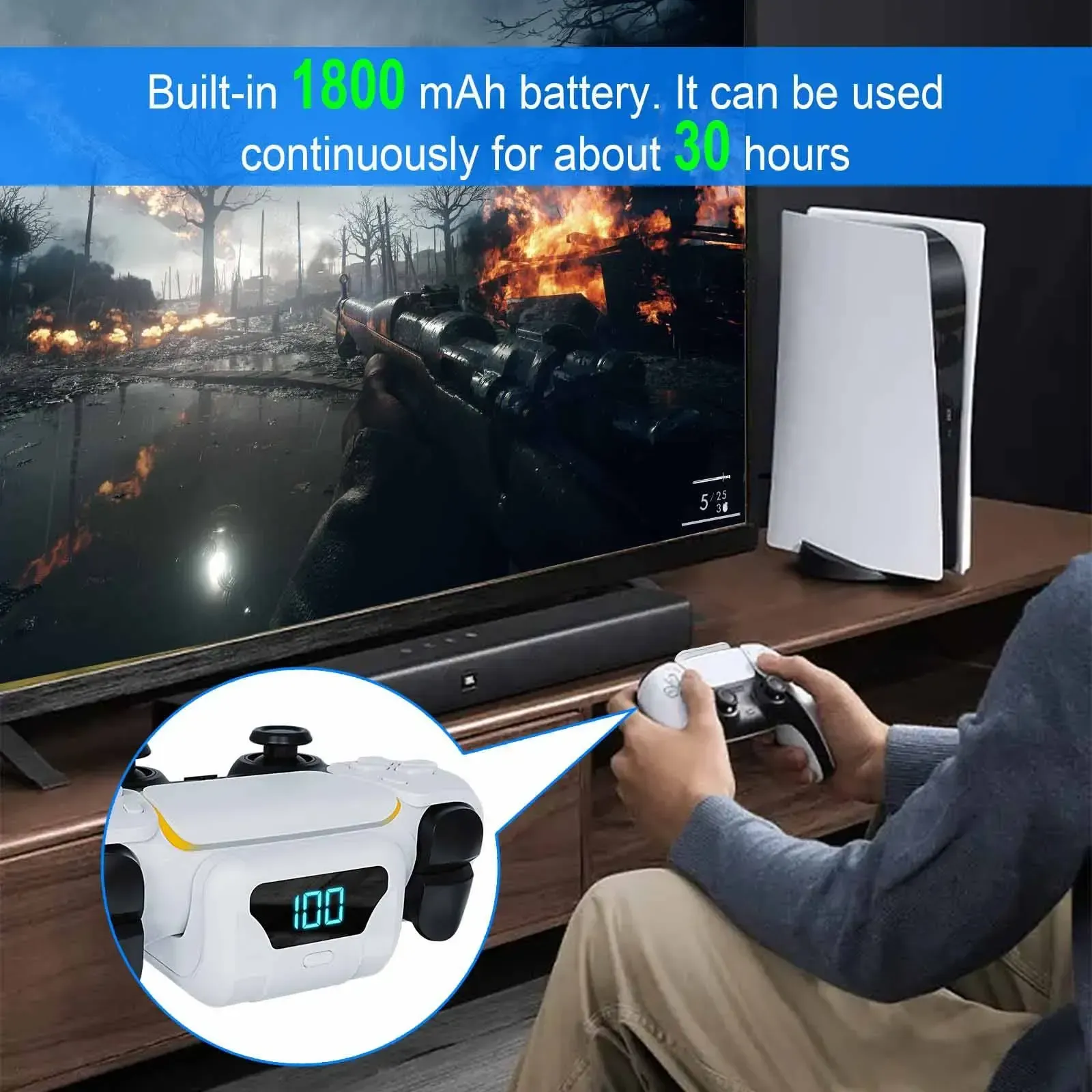 1800mAh Controller Rechargeable Battery for PS5, Game Controller Charger with Durable Back Clip Design, Essential Charging Accessory, Console Accessories