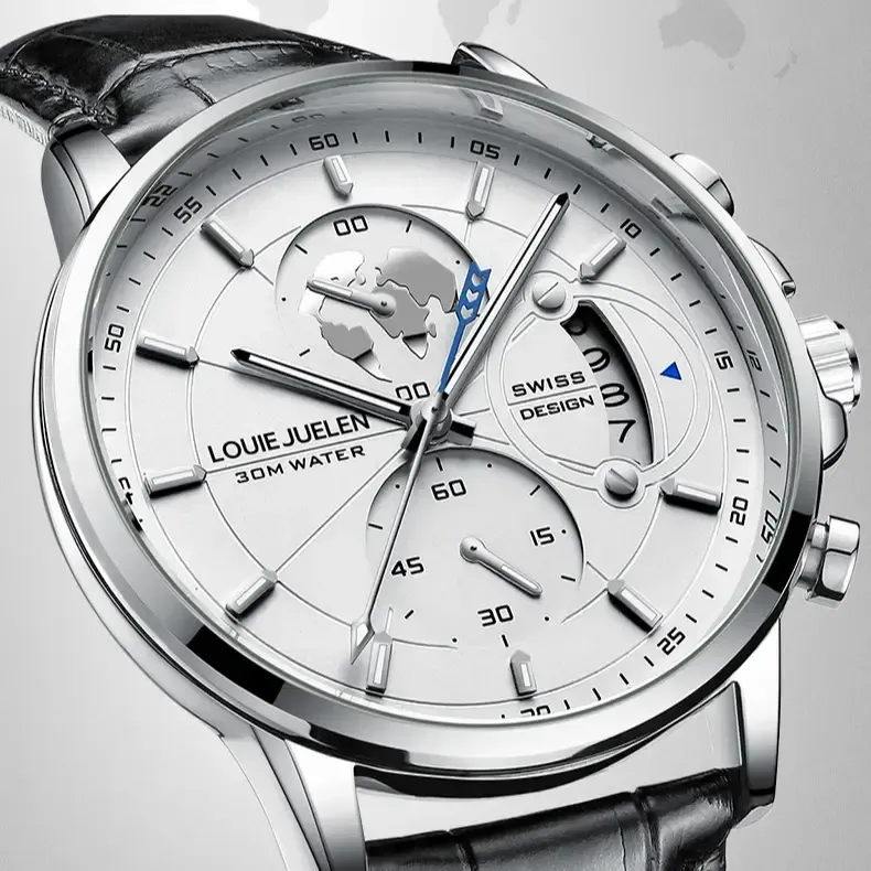 Elegant Men's Watch: Globe Design, 30m Water Resistance, Luminous Dial, Calendar & Chronograph | Stylish for Day & Business | Classic Timepiece