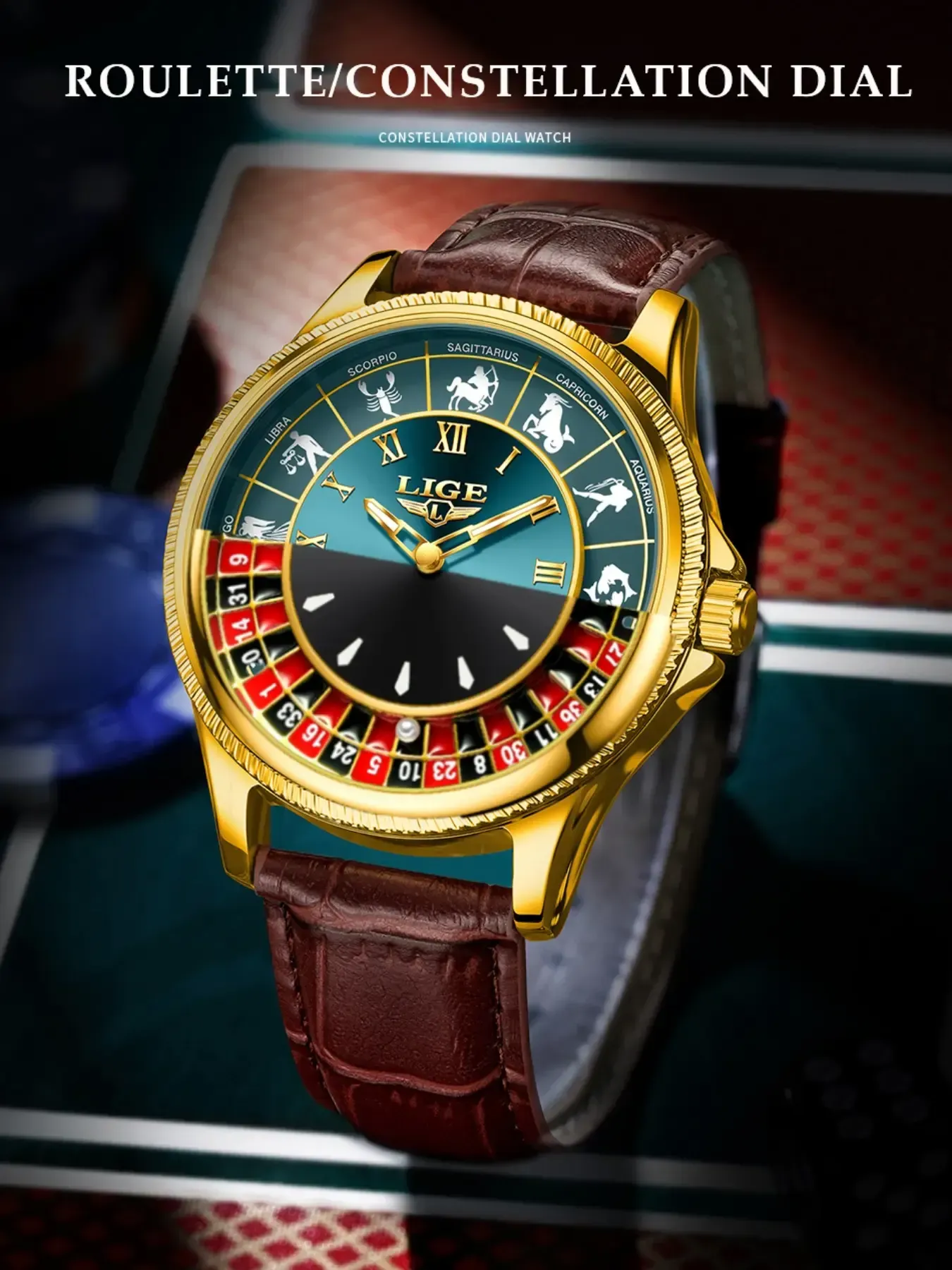 Men's Fashion Round Russian Roulette 12 Zodiac Theme Interactive Analog Quartz Watch, Waterproof Design for Parties and Daily Wear (box not included)