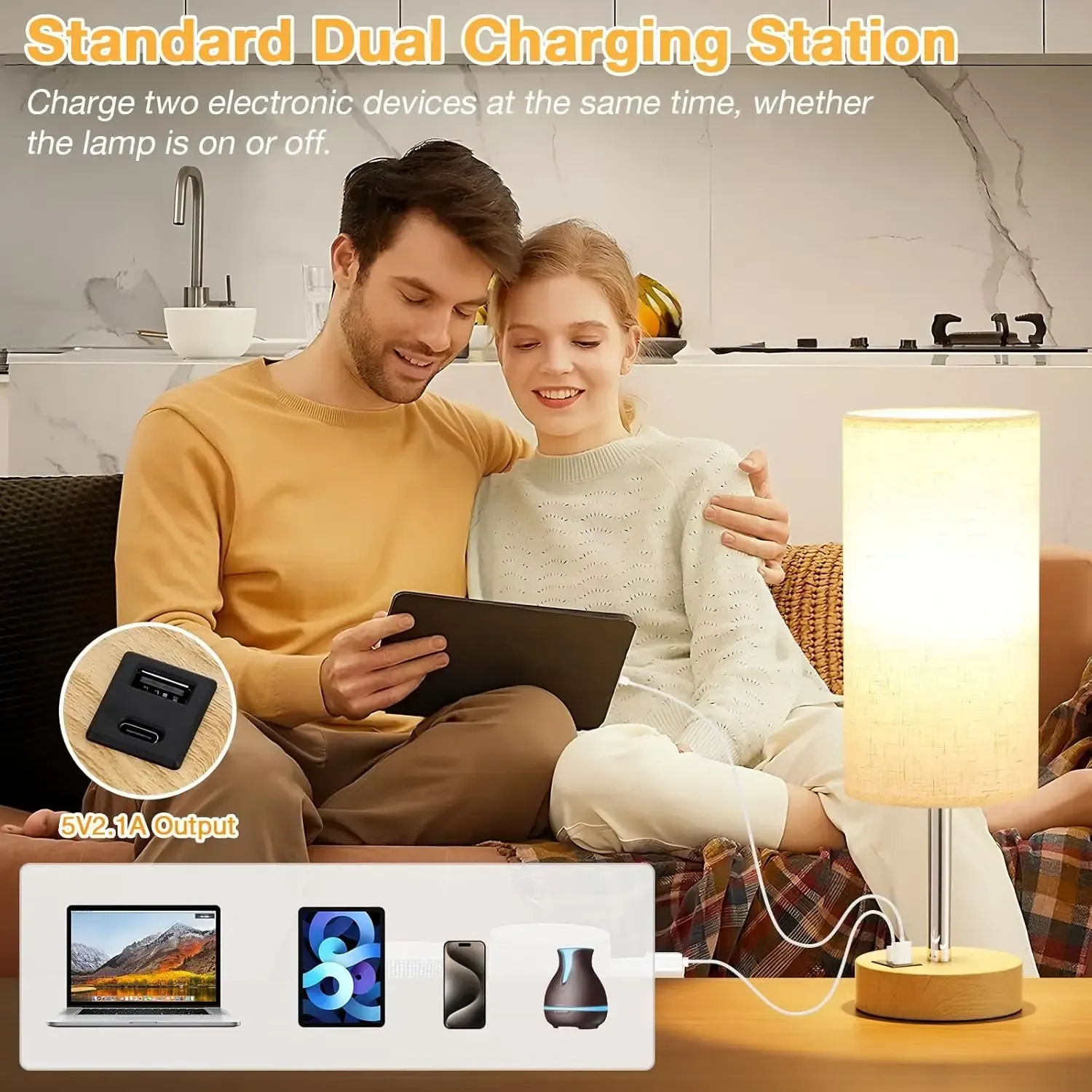 Bedside Table Lamp for Bedroom  3 Way Dimmable Touch Lamp USB C Charging Ports and AC Outlet, Small Lamp Wood Base Round Flaxen Fabric Shade for Living Room, Desk, LED Bulb Included