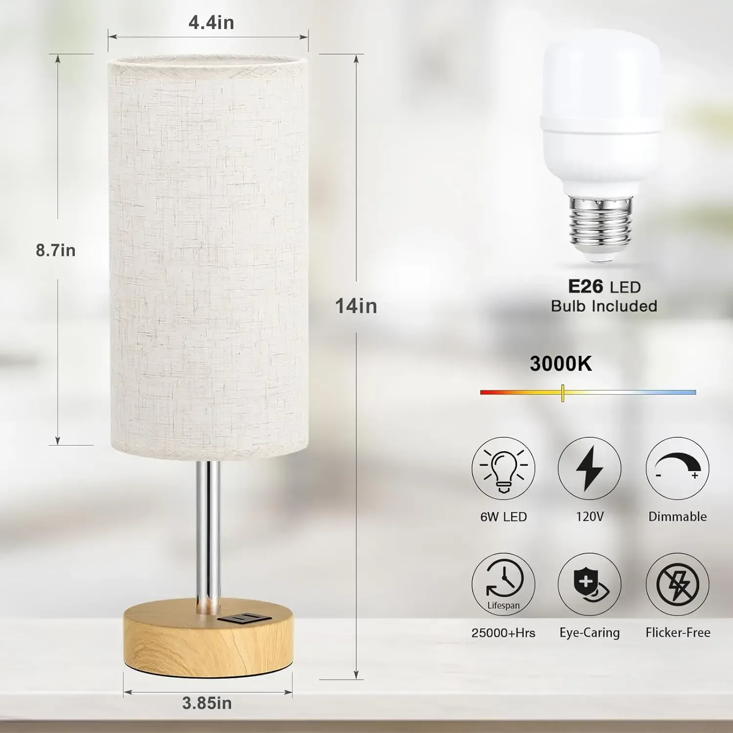 Bedside Table Lamp for Bedroom  3 Way Dimmable Touch Lamp USB C Charging Ports and AC Outlet, Small Lamp Wood Base Round Flaxen Fabric Shade for Living Room, Desk, LED Bulb Included