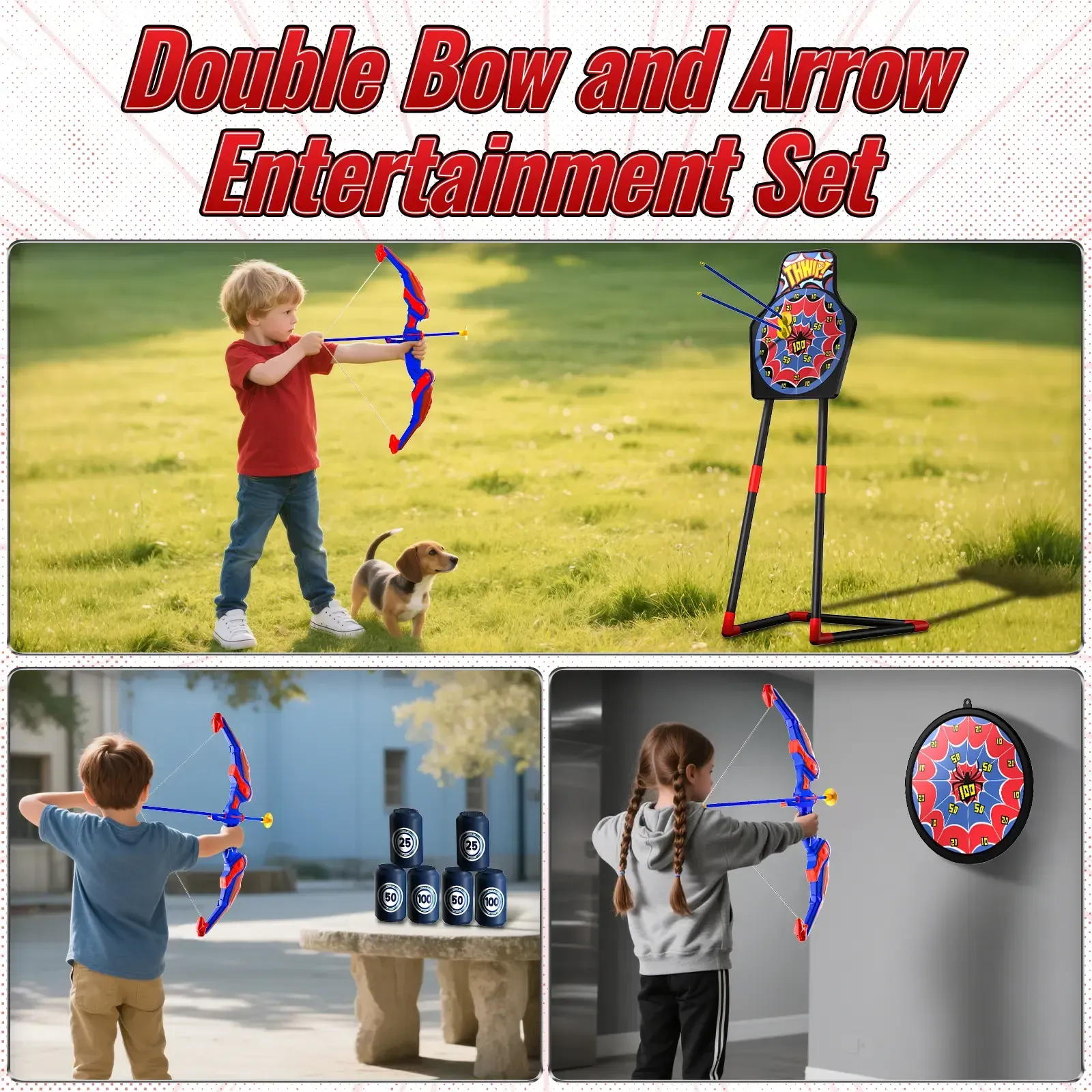 Spider-themed bow & arrow set with LED lights, spider quiver, target, 8 suction cup arrows. Toy gift for boys ages 3+ (ideal 8-12).