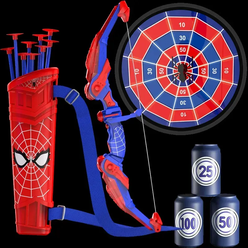 Spider-themed bow & arrow set with LED lights, spider quiver, target, 8 suction cup arrows. Toy gift for boys ages 3+ (ideal 8-12).