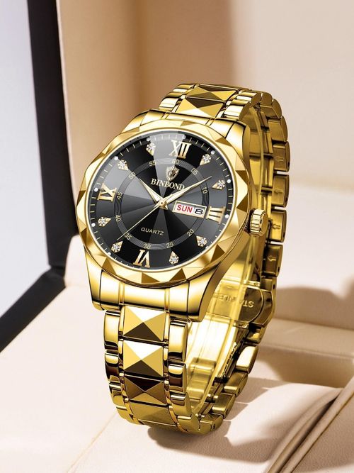 Men's Business Style Quartz Watch with Diamond Accents Calendar and Water Resistant Design Ideal for Parties and Everyday Wear Trendy and Refined Watch Box Not Included Excellent Choice for Birthday Gifting