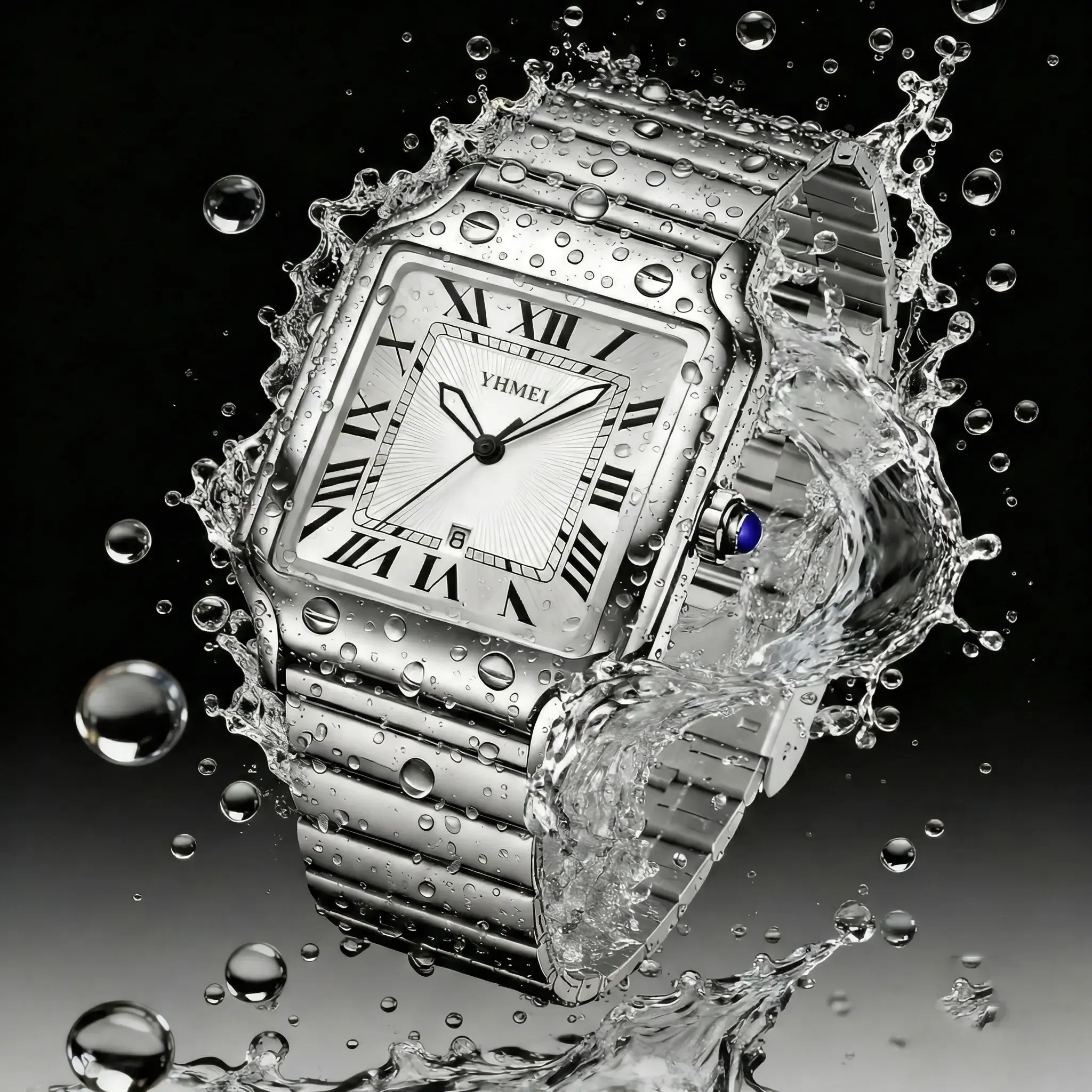 Unisex Classic Square Roman Numerals Silver Analog Water-Resistant Watch suitable for Women Men Stainless Steel Strap Date Display Casual Wristwatch