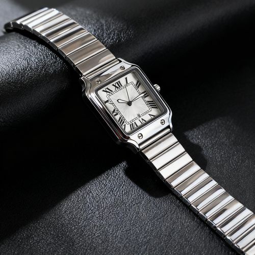 Unisex Classic Square Roman Numerals Silver Analog Water-Resistant Watch suitable for Women Men Stainless Steel Strap Date Display Casual Wristwatch