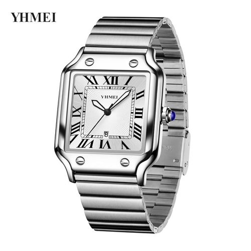 Unisex Classic Square Roman Numerals Silver Analog Water-Resistant Watch suitable for Women Men Stainless Steel Strap Date Display Casual Wristwatch