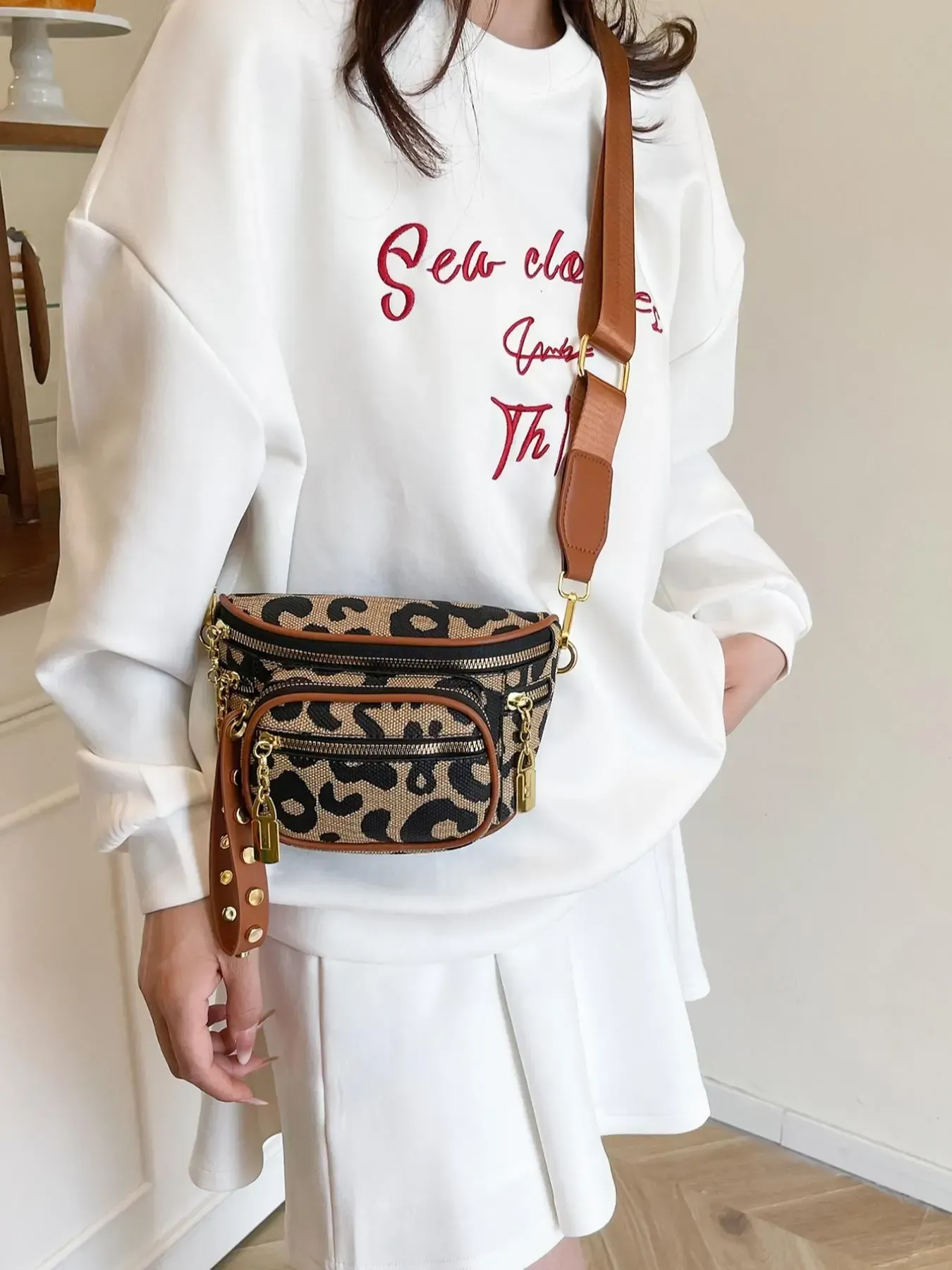 Mini Crossbody Belt Bag, Pure Color Design, Punk Style, Geometric Pattern, Leopard, Multi-Layer Storage, Suitable for All Seasons, Zipper Belt Bag, Crossbody Fanny Pack, Casual Bum Bag