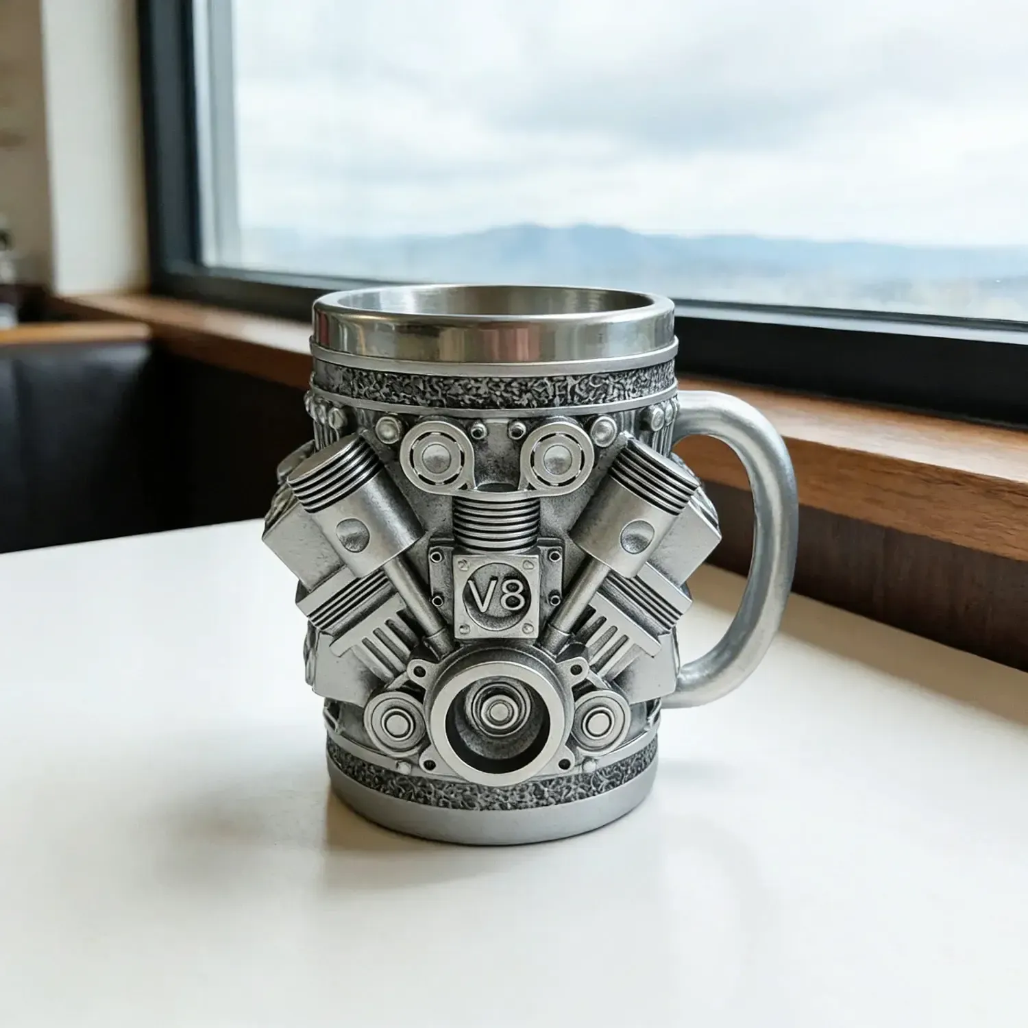 Personalized Stainless Steel Mug - V8 Engine Design, 10oz Handcrafted Durable & Stylish, Perfect for Car Enthusiasts,Coffee Cup,Birthday Present,Holiday Gift Reusable