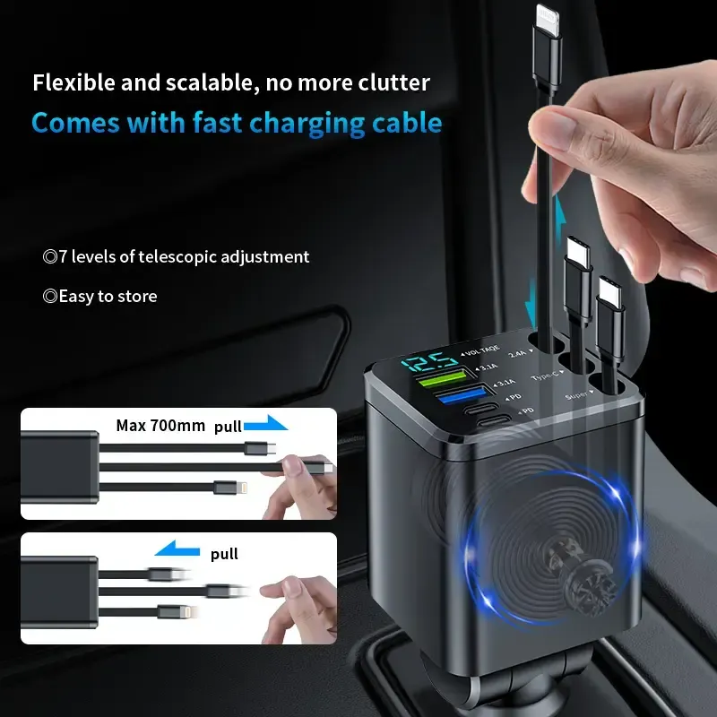 Super Fast Car Charger: QC3.0&PD2.0,120W Max,3 Retractable Cables + 4 Ports | 7-in-1,Smart Chip & LED Voltage Display | Universal Charging Solution for iPhone & AndroidThe Ultimate Road Trip Companion