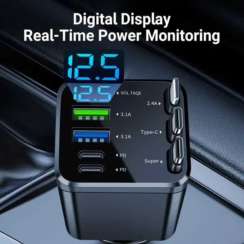Super Fast Car Charger: QC3.0&PD2.0,120W Max,3 Retractable Cables + 4 Ports | 7-in-1,Smart Chip & LED Voltage Display | Universal Charging Solution for iPhone & AndroidThe Ultimate Road Trip Companion
